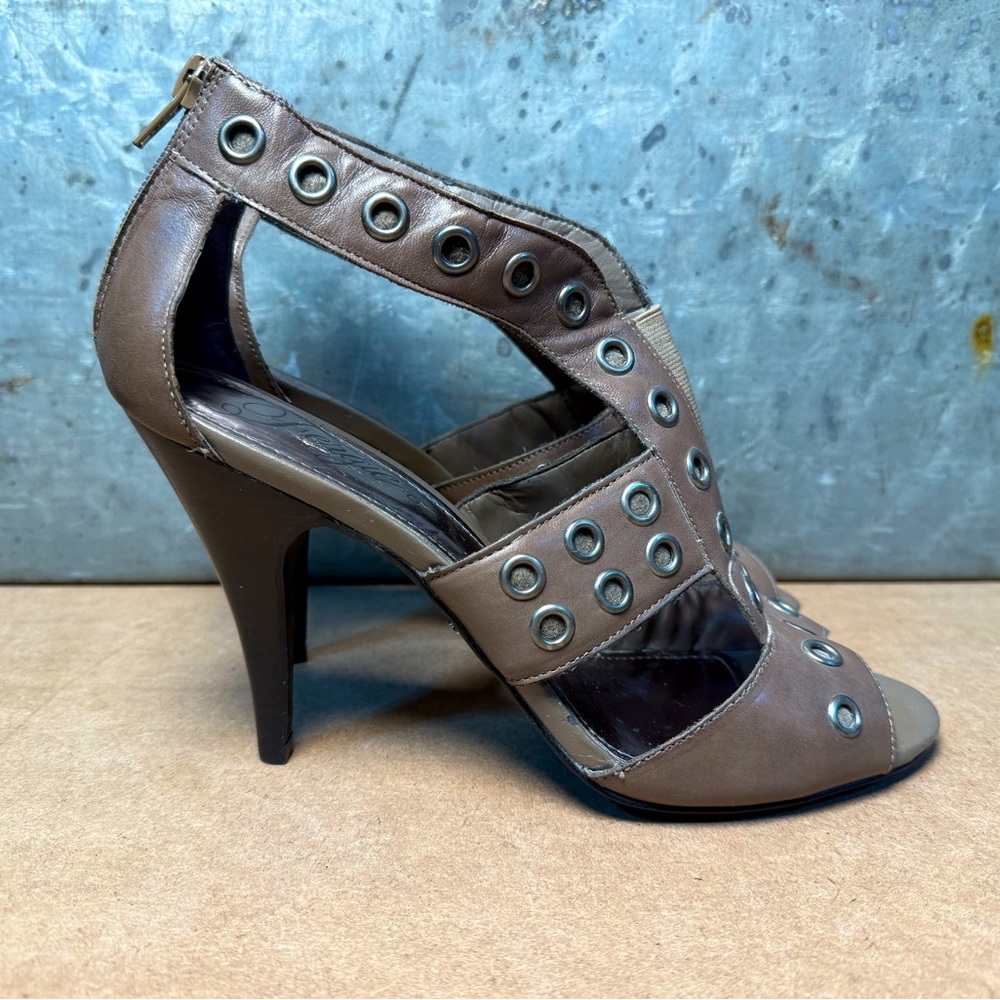 Fergie Women's Gray Leather Studded Open Toe 3" Heels Zip Back Size 10 AB 250